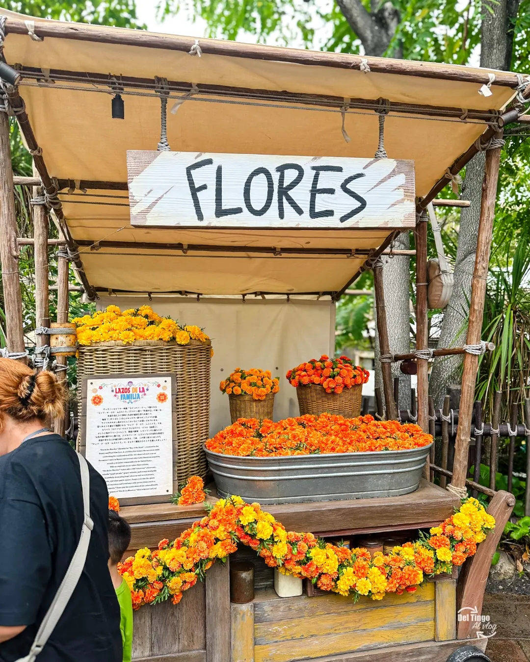 Decoración temática de Coco con flores de cempasúchil en Tokyo DisneySea.