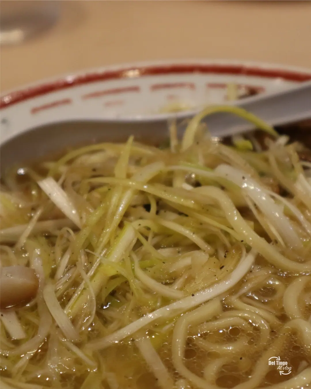 La porción real: caldo claro, chashu, negi y hongos. Justa y suficiente, no una montaña para la foto