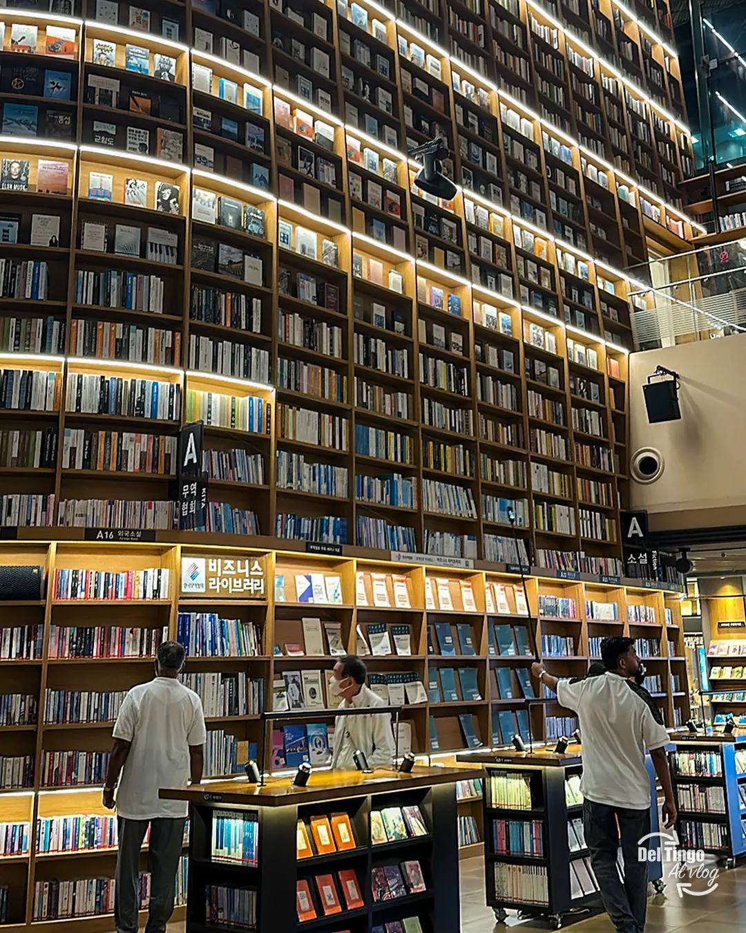 Pared iluminada de libros de varios niveles en la Starfield Library de COEX, Seúl.